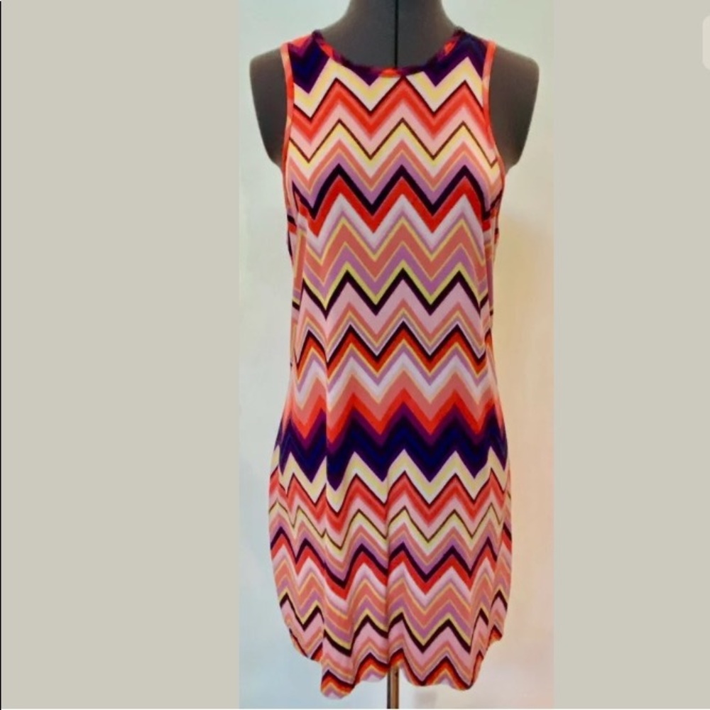 NEW TRINA TURK JERSEY KNIT TANK MINI DRESS ORANGE PURPLE CHEVRON ZIGZAG S XS